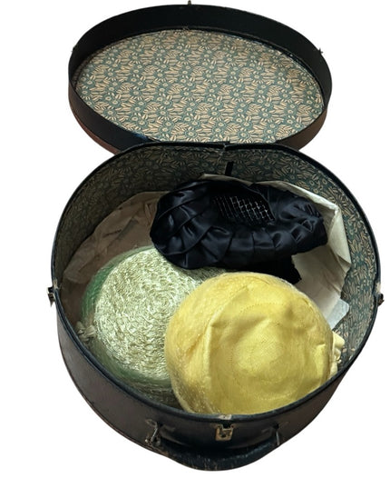 Antique 1800s Black Leather Hat box & 3 Small Hats
