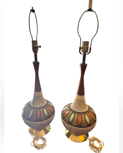 RARE Pair of Retro Mid Century Teak Chalkware Brown Gold Table Lamps Set 1950s