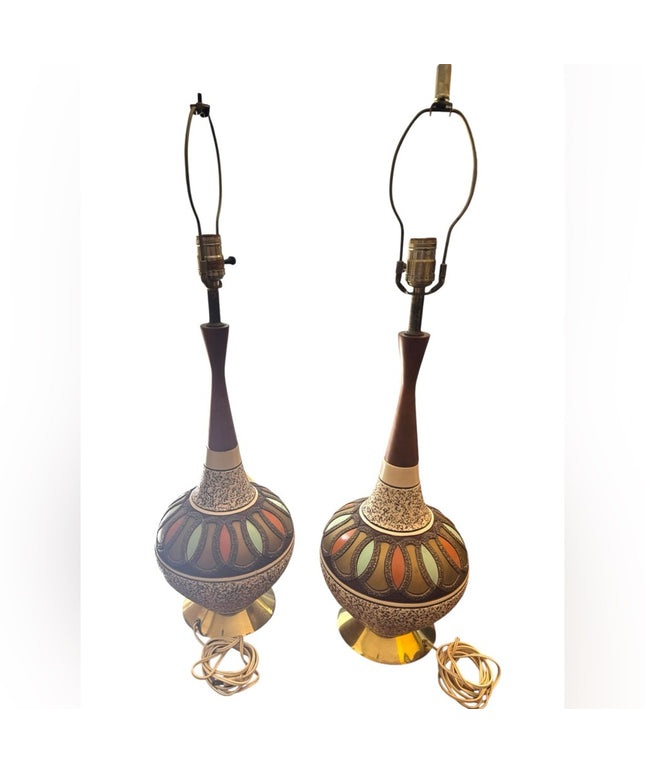 RARE Pair of Retro Mid Century Teak Chalkware Brown Gold Table Lamps Set 1950s