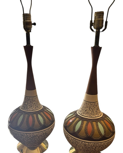 RARE Pair of Retro Mid Century Teak Chalkware Brown Gold Table Lamps Set 1950s