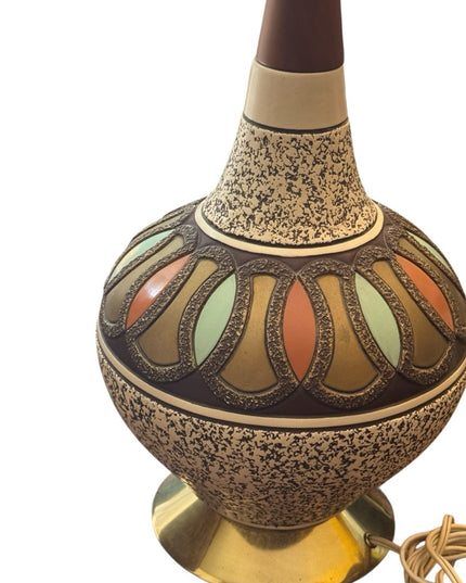 RARE Pair of Retro Mid Century Teak Chalkware Brown Gold Table Lamps Set 1950s