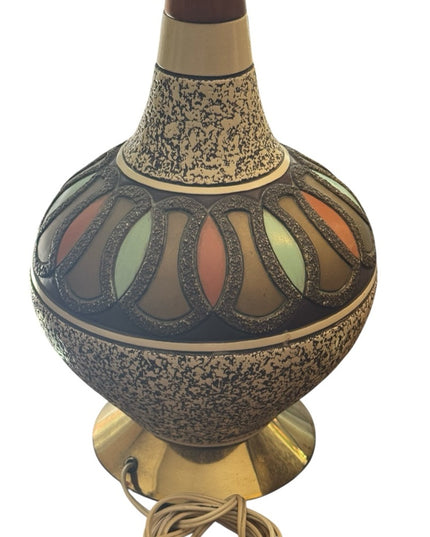 RARE Pair of Retro Mid Century Teak Chalkware Brown Gold Table Lamps Set 1950s