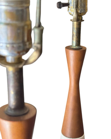 RARE Pair of Retro Mid Century Teak Chalkware Brown Gold Table Lamps Set 1950s