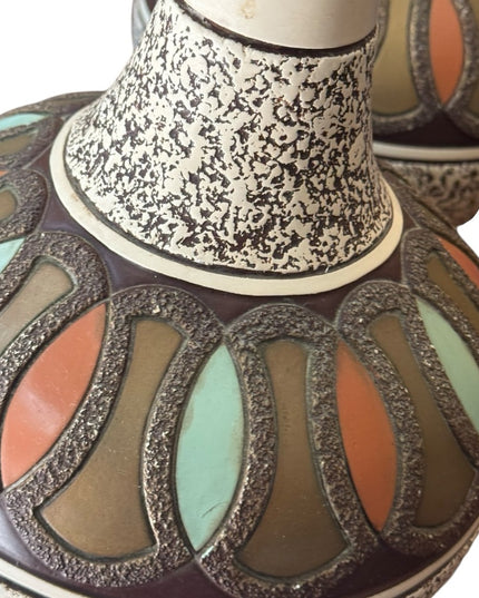 RARE Pair of Retro Mid Century Teak Chalkware Brown Gold Table Lamps Set 1950s