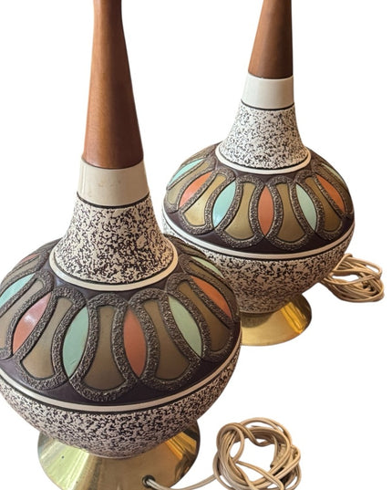 RARE Pair of Retro Mid Century Teak Chalkware Brown Gold Table Lamps Set 1950s