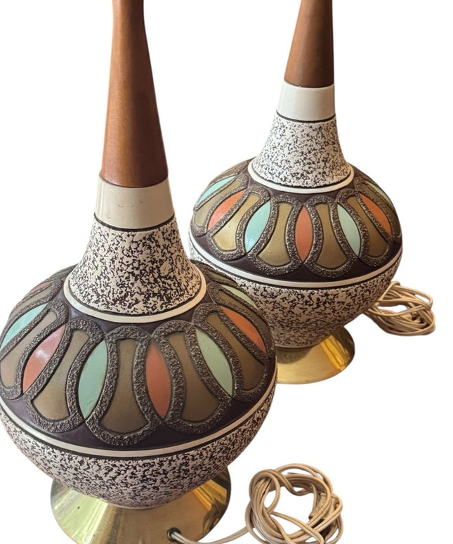 RARE Pair of Retro Mid Century Teak Chalkware Brown Gold Table Lamps Set 1950s