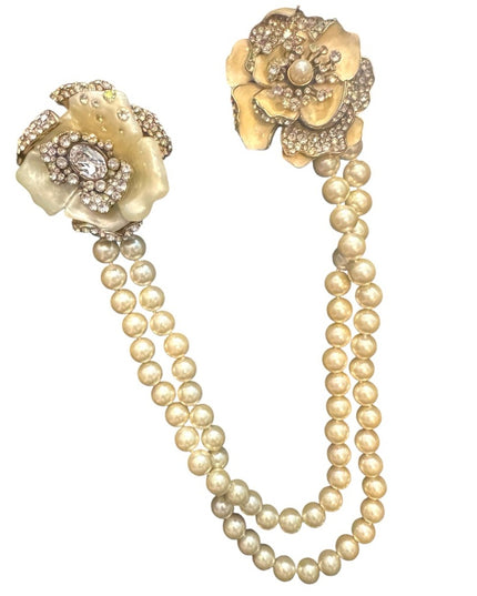 Heidi Dause Gold Floral Pave Crystal Rhinestone Glass Pearl Chatelaine Necklace