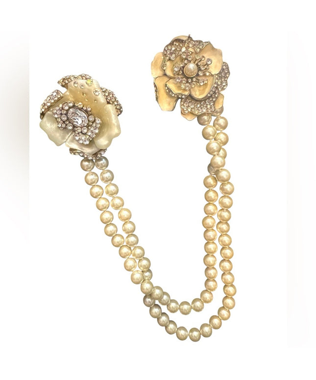 Heidi Dause Gold Floral Pave Crystal Rhinestone Glass Pearl Chatelaine Necklace