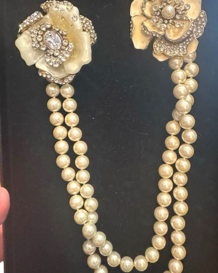 Heidi Dause Gold Floral Pave Crystal Rhinestone Glass Pearl Chatelaine Necklace