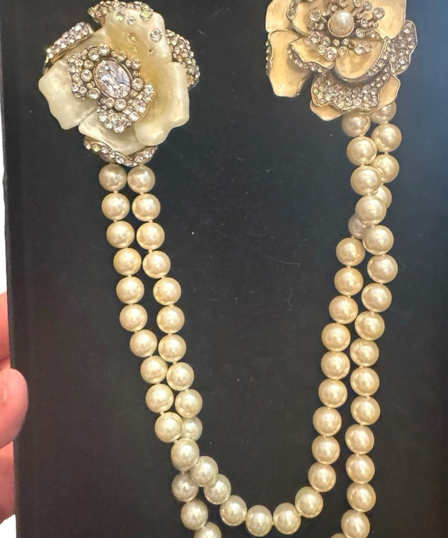 Heidi Dause Gold Floral Pave Crystal Rhinestone Glass Pearl Chatelaine Necklace