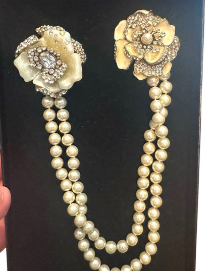 Heidi Dause Gold Floral Pave Crystal Rhinestone Glass Pearl Chatelaine Necklace