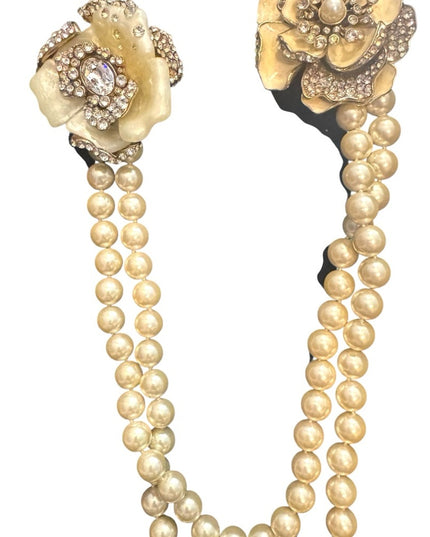 Heidi Dause Gold Floral Pave Crystal Rhinestone Glass Pearl Chatelaine Necklace