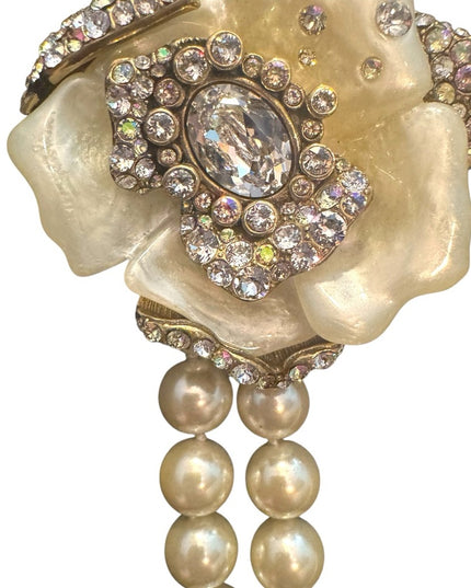 Heidi Dause Gold Floral Pave Crystal Rhinestone Glass Pearl Chatelaine Necklace