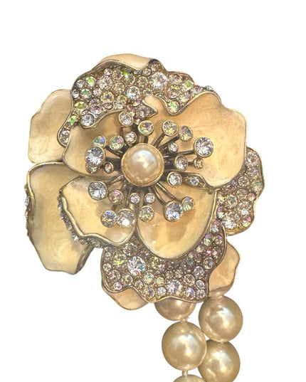 Heidi Dause Gold Floral Pave Crystal Rhinestone Glass Pearl Chatelaine Necklace
