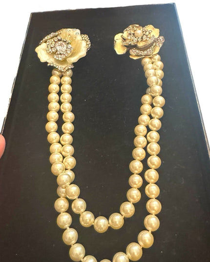 Heidi Dause Gold Floral Pave Crystal Rhinestone Glass Pearl Chatelaine Necklace