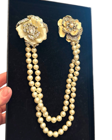 Heidi Dause Gold Floral Pave Crystal Rhinestone Glass Pearl Chatelaine Necklace