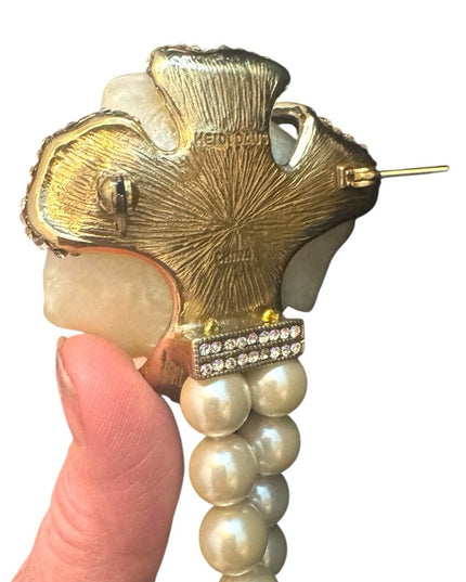 Heidi Dause Gold Floral Pave Crystal Rhinestone Glass Pearl Chatelaine Necklace