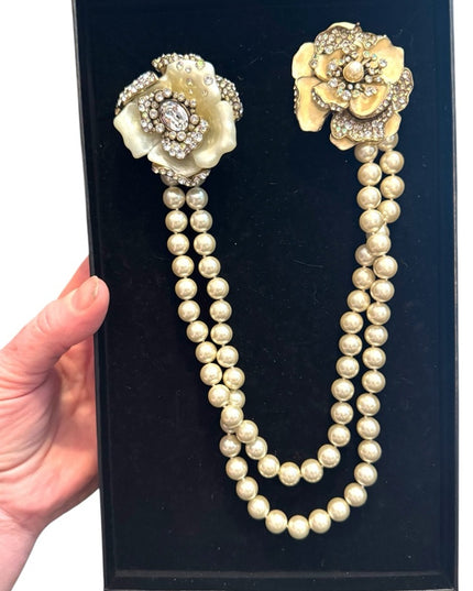 Heidi Dause Gold Floral Pave Crystal Rhinestone Glass Pearl Chatelaine Necklace