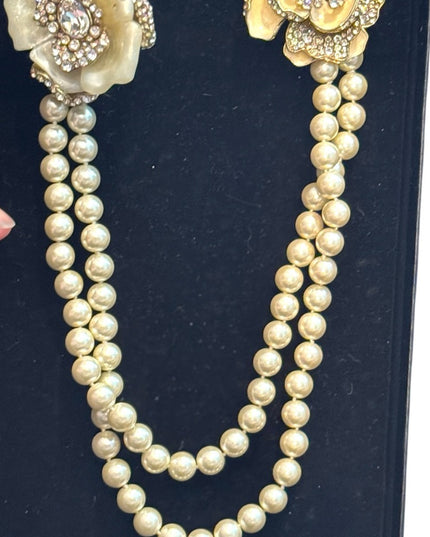 Heidi Dause Gold Floral Pave Crystal Rhinestone Glass Pearl Chatelaine Necklace