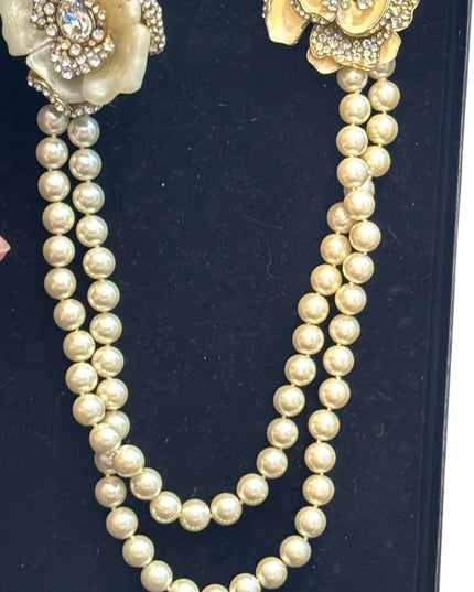 Heidi Dause Gold Floral Pave Crystal Rhinestone Glass Pearl Chatelaine Necklace