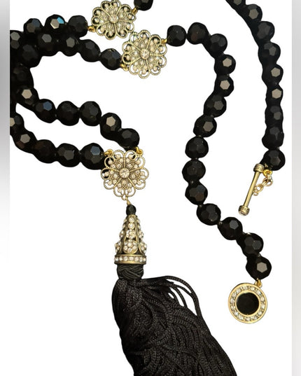 Heidi Daus Black Glass Faceted Crystal Beaded Necklace with Gold Floral Accents