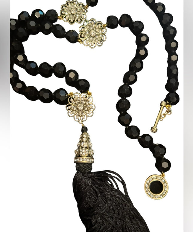 Heidi Daus Black Glass Faceted Crystal Beaded Necklace with Gold Floral Accents