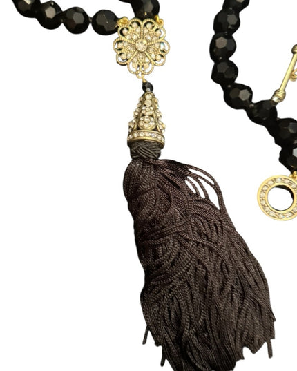 Heidi Daus Black Glass Faceted Crystal Beaded Necklace with Gold Floral Accents