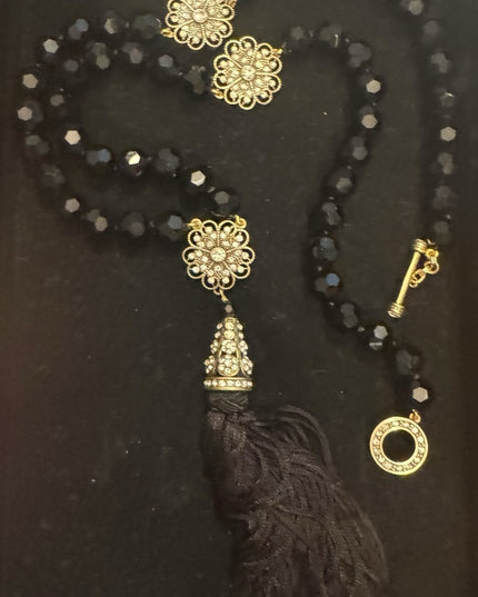 Heidi Daus Black Glass Faceted Crystal Beaded Necklace with Gold Floral Accents