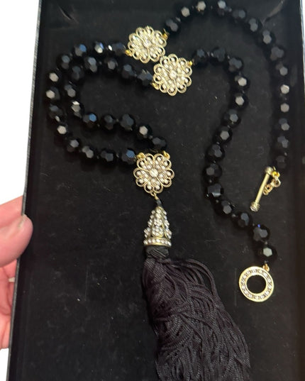Heidi Daus Black Glass Faceted Crystal Beaded Necklace with Gold Floral Accents