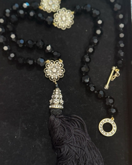 Heidi Daus Black Glass Faceted Crystal Beaded Necklace with Gold Floral Accents