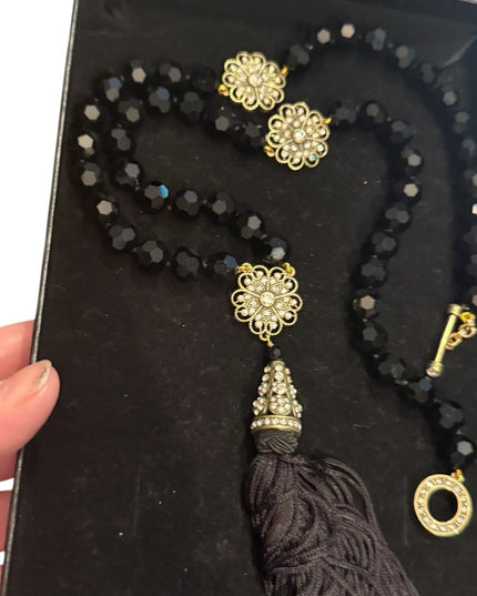 Heidi Daus Black Glass Faceted Crystal Beaded Necklace with Gold Floral Accents