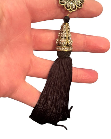 Heidi Daus Black Glass Faceted Crystal Beaded Necklace with Gold Floral Accents