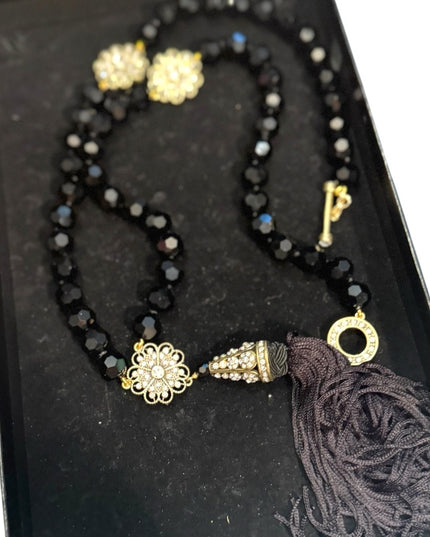 Heidi Daus Black Glass Faceted Crystal Beaded Necklace with Gold Floral Accents