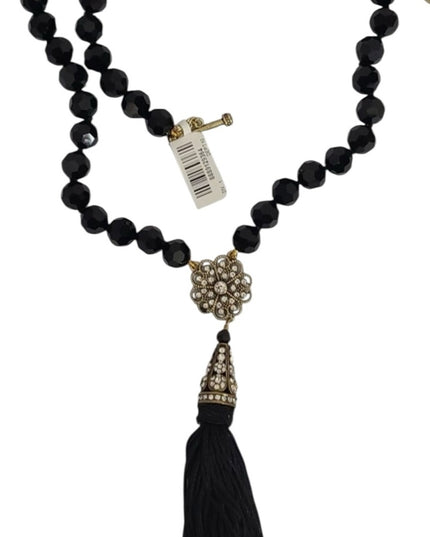 Heidi Daus Black Glass Faceted Crystal Beaded Necklace with Gold Floral Accents