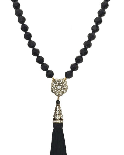 Heidi Daus Black Glass Faceted Crystal Beaded Necklace with Gold Floral Accents