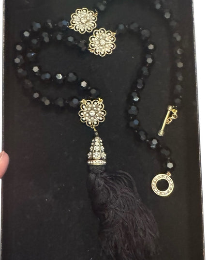 Heidi Daus Black Glass Faceted Crystal Beaded Necklace with Gold Floral Accents