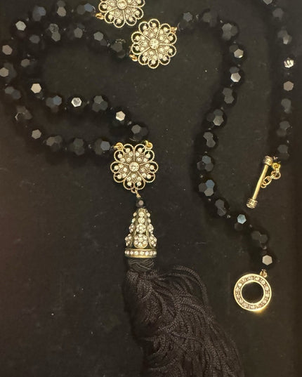 Heidi Daus Black Glass Faceted Crystal Beaded Necklace with Gold Floral Accents