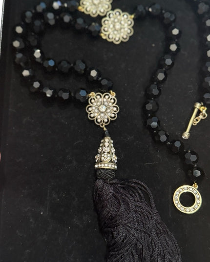 Heidi Daus Black Glass Faceted Crystal Beaded Necklace with Gold Floral Accents