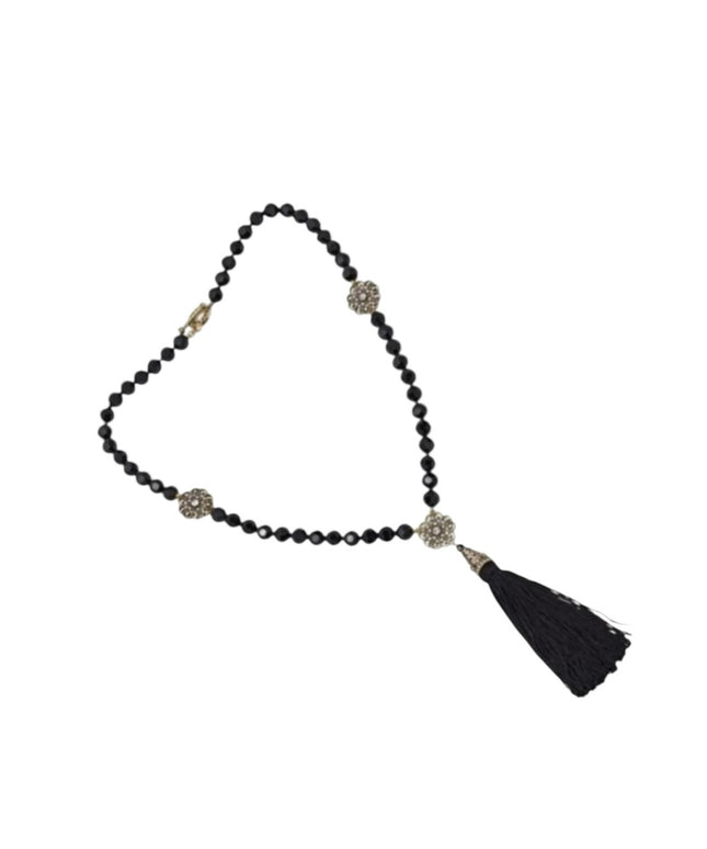 Heidi Daus Black Glass Faceted Crystal Beaded Necklace with Gold Floral Accents