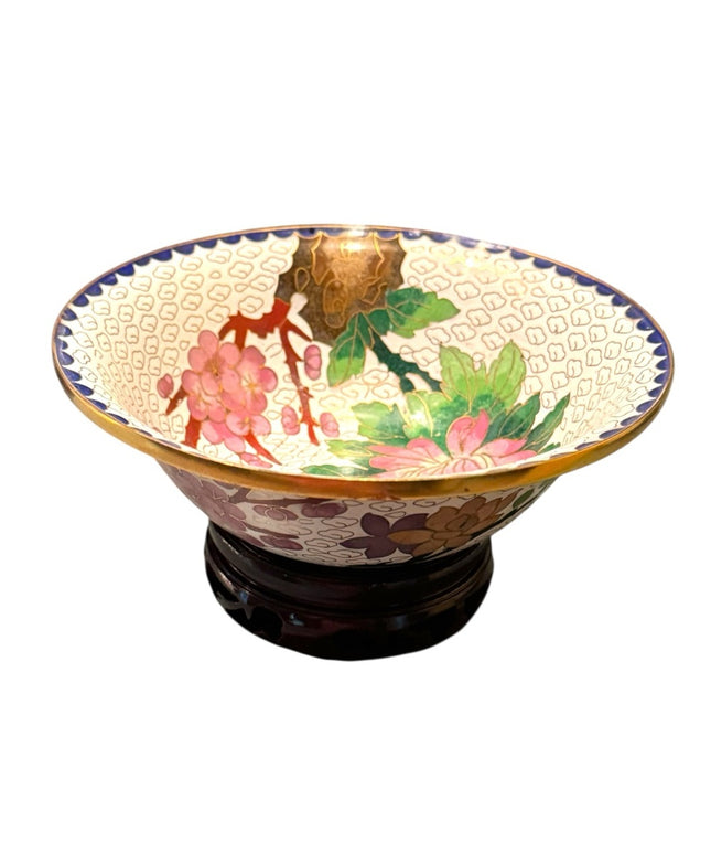 Vintage Cloissone Metal Floral Decorative Bowl with Wood Stand