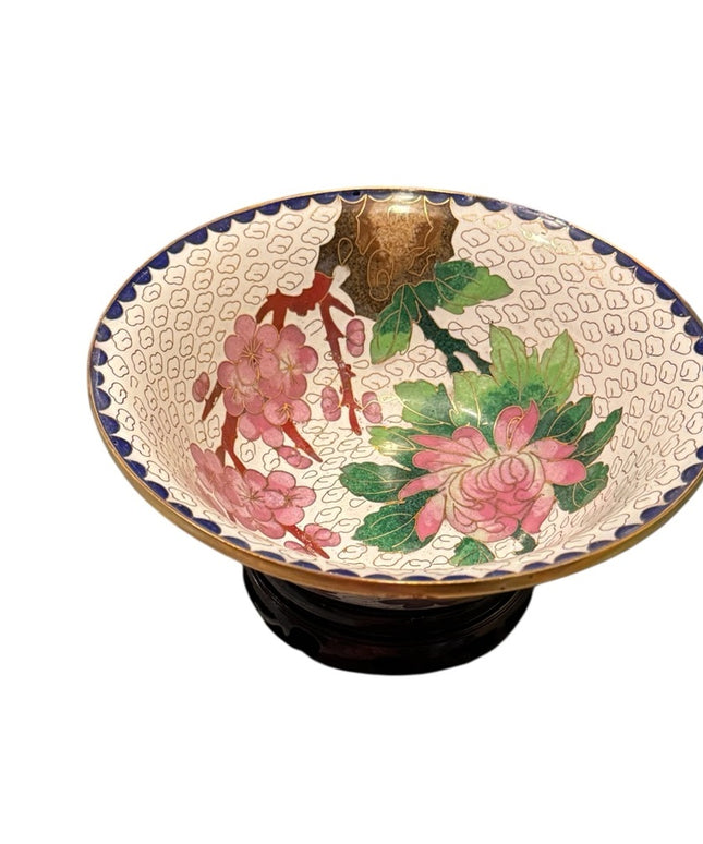 Vintage Cloissone Metal Floral Decorative Bowl with Wood Stand