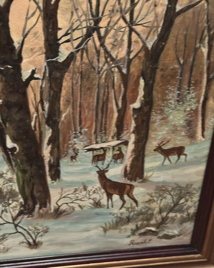 Vintage signed canvas painting Deer in forest sunset over water Surreal