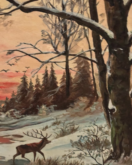 Vintage signed canvas painting Deer in forest sunset over water Surreal