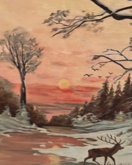 Vintage signed canvas painting Deer in forest sunset over water Surreal