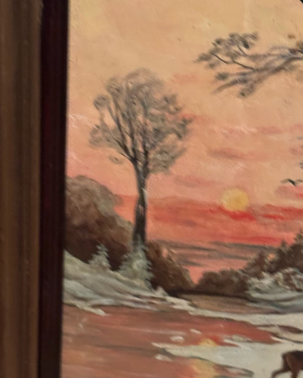 Vintage signed canvas painting Deer in forest sunset over water Surreal