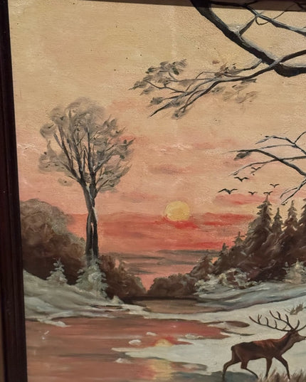 Vintage signed canvas painting Deer in forest sunset over water Surreal