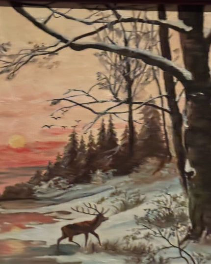 Vintage signed canvas painting Deer in forest sunset over water Surreal