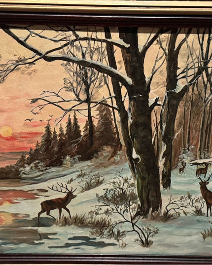 Vintage signed canvas painting Deer in forest sunset over water Surreal