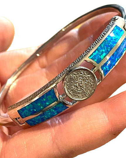 Vintage Silver Mexico Opal Aztec calendar bangle Bracelet