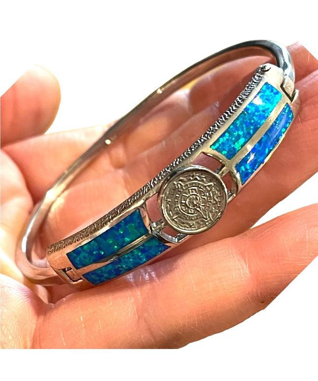 Vintage Silver Mexico Opal Aztec calendar bangle Bracelet
